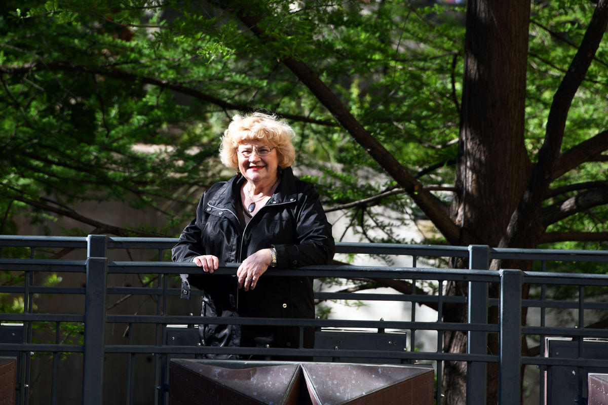 080 Bernice Mettenbrink on a bridge over the San Antonio Riverwalk.JPG